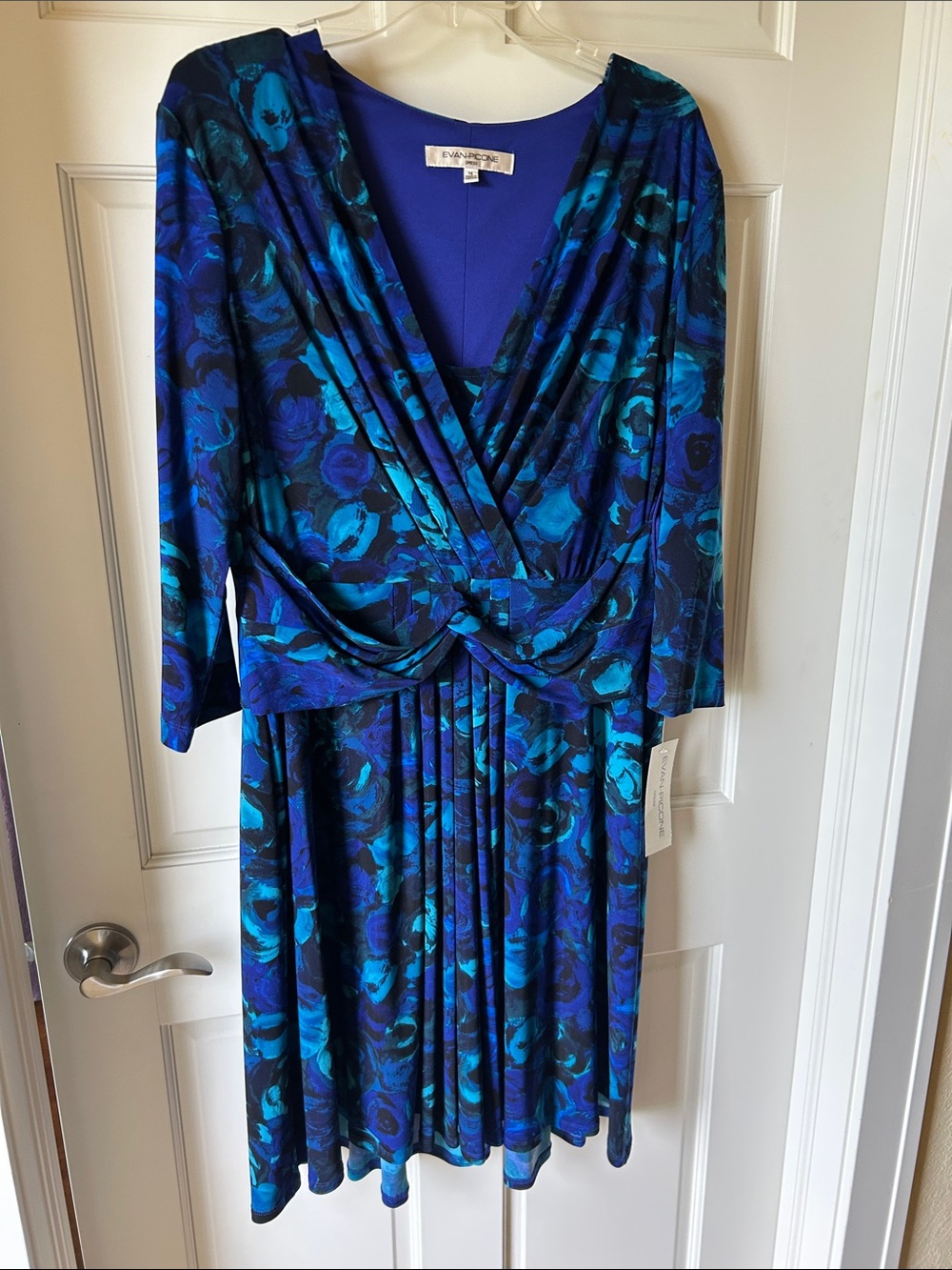 Evan Picone Blue & Teal Floral Wrap-Front Long Sleeve Dress